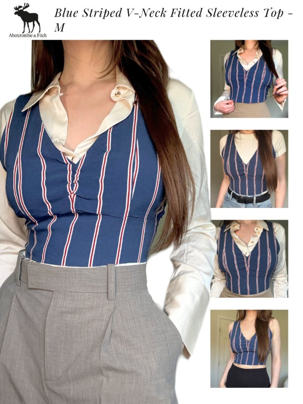 Abercrombie & Fitch Blue Striped V-Neck Fitted Sleeveless Top - M